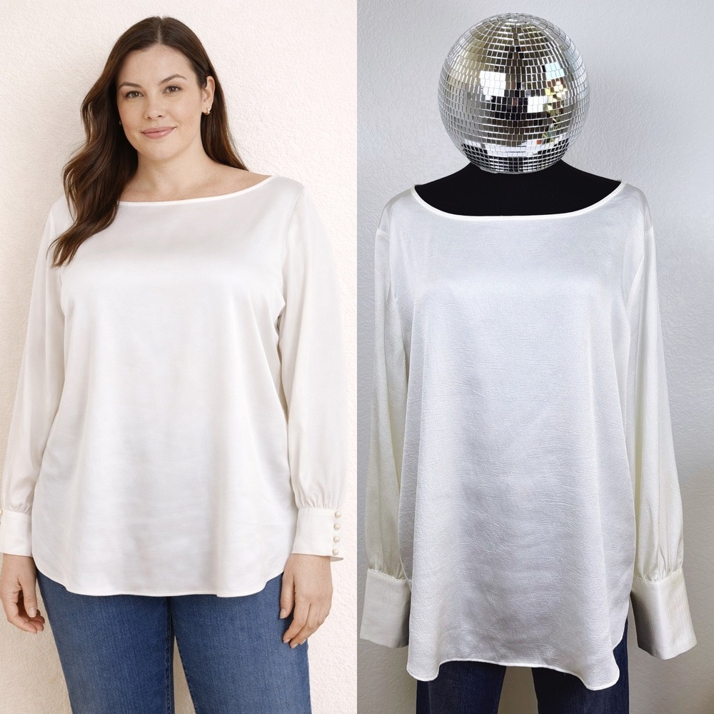 Ann Taylor Boat Neck Long Sleeve Pearl Button Cuff Top White XL Office Business